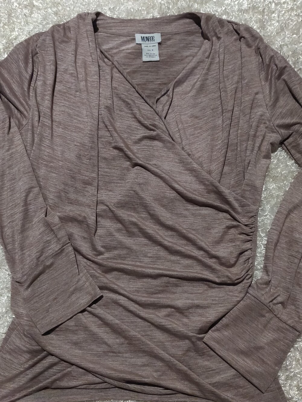 Women’s Long Sleeve Wrap Top Taupe With Thumb Holes Size M Side Ruching Detail